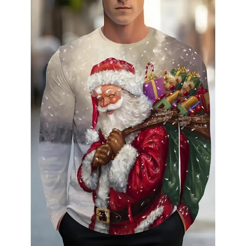 Autumn and Winter Men's Santa Claus 3D Printed Crew Neck Long Sleeve T-Shirt