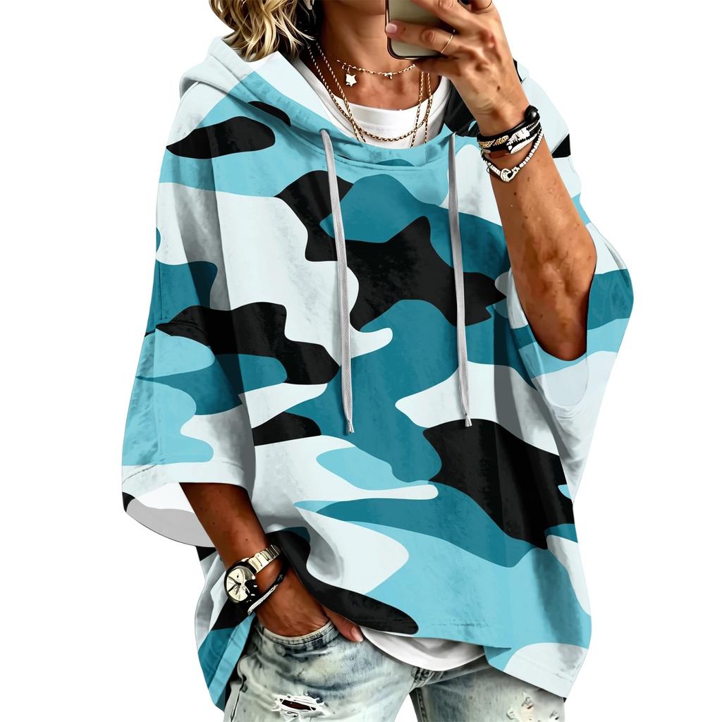 Women's Casual Camouflage Print Hooded Pullover Top with Three-Quarter Sleeves