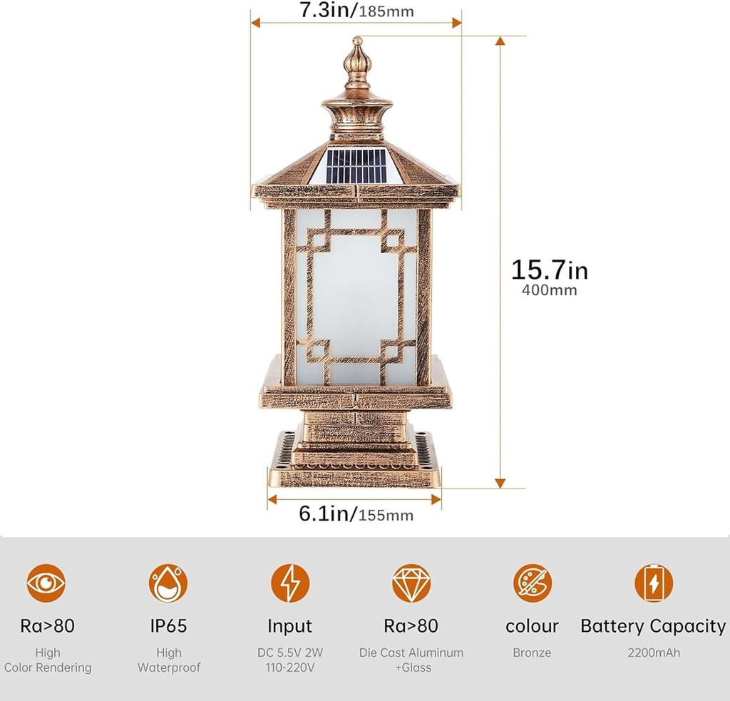 LED Solar Post Light, Aluminum Fence Cap Lamp, Dimmable Waterproof Pillar Light for Garden Yard