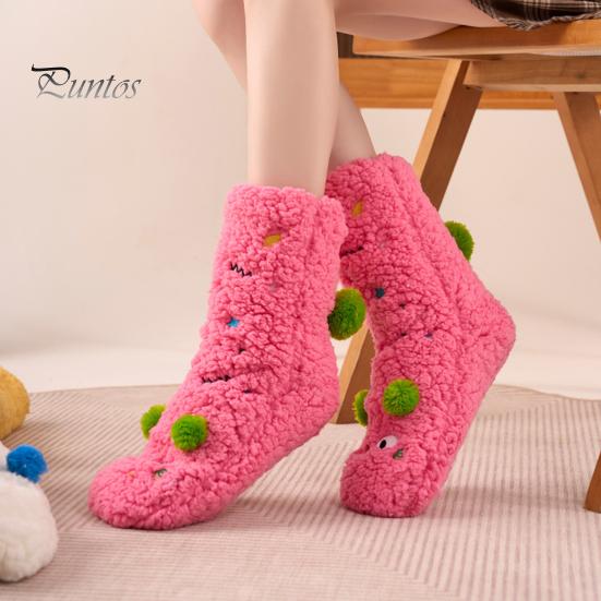 1 Pair Winter Floor Socks Cartoon Design Animal Embroidery Ultra Thick Fleece Keep Warm Mid-tube Non-slip Slipper Socks