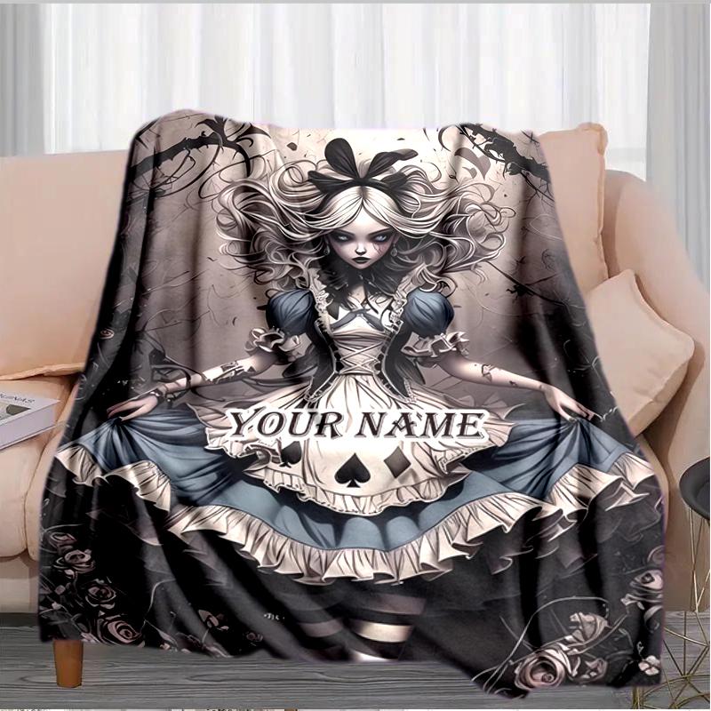 1PC Custom Name Alice Wonderland Flannel Blanket Versatile, All-season Throw Suitable for the Living Room, Bedroom, Camping, Travel, and Gift