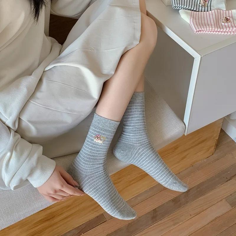 Striped Socks Women Cartoon Dog Embroidery Kawaii Cute Socks JK Japanese Fashion School Girls Knitted Cotton Elastic Long Socks