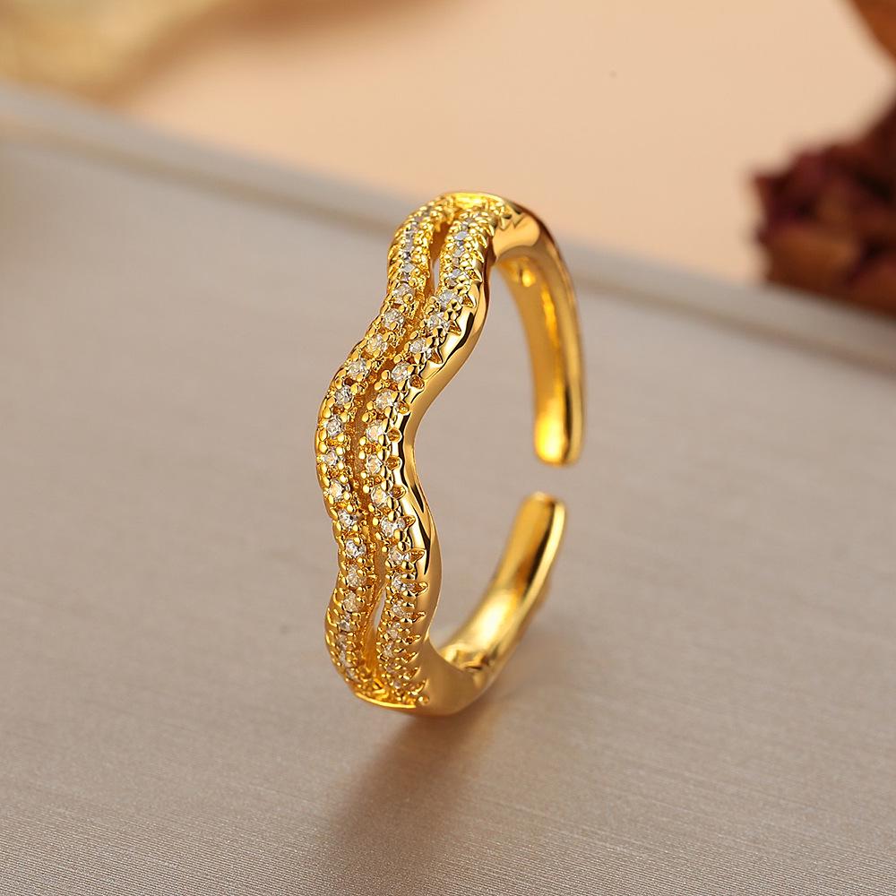 Double-Layer Curved Wave Pattern Ring with Inlaid Diamonds and Micro-Set Zircon, Open Design, Niche Style