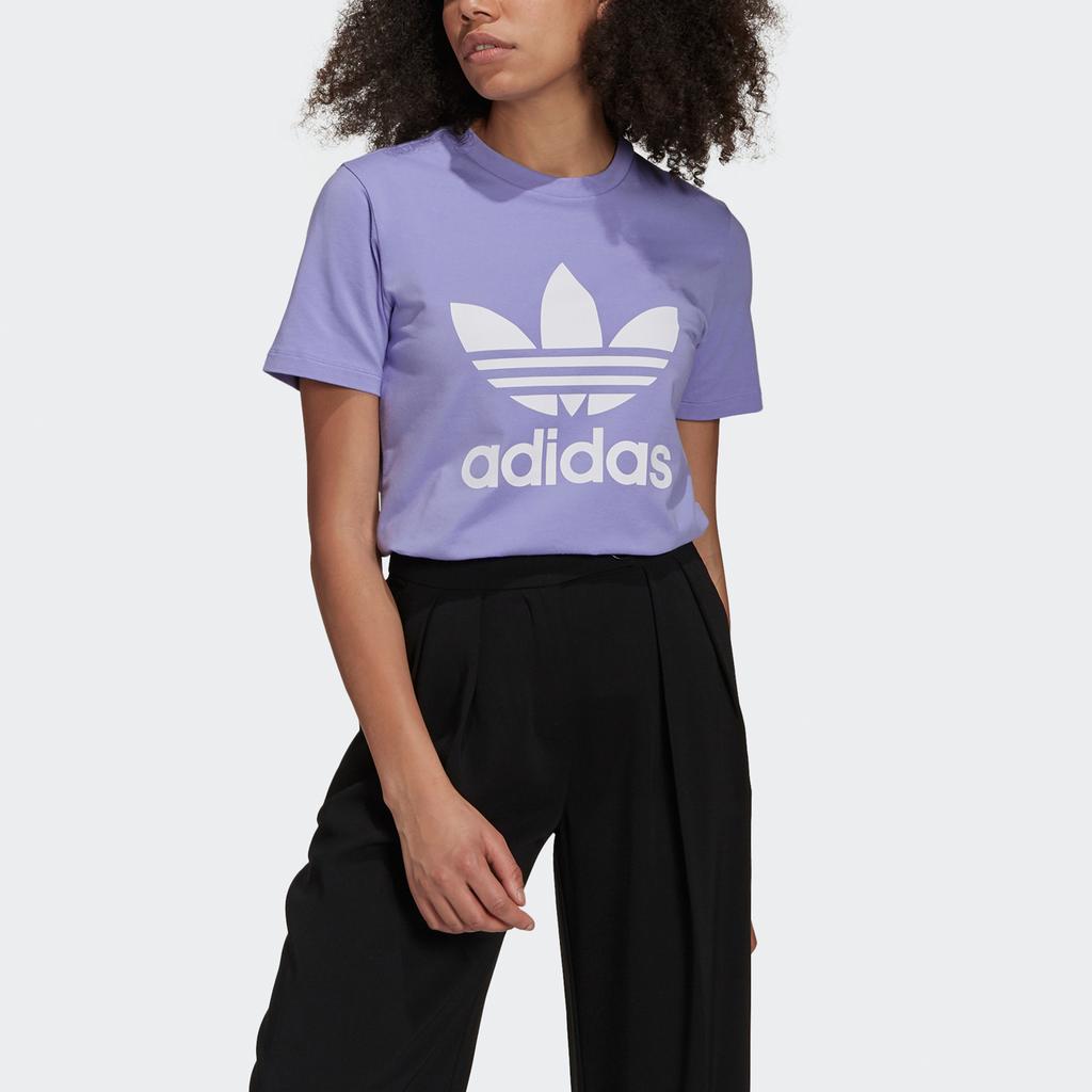 Adidas Originals Trefoil Tee American Vintage Dopamine Logo Print Crew Neck Sports Fitted Short Sleeve T-Shirt Women Tops Purple GN2905