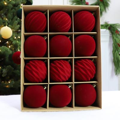 12pcs Velvet Christmas Ornaments-Red Flocked Balls with Golden Ribbons,Perfect for Holiday Tree Decorations,Christmas Ornaments