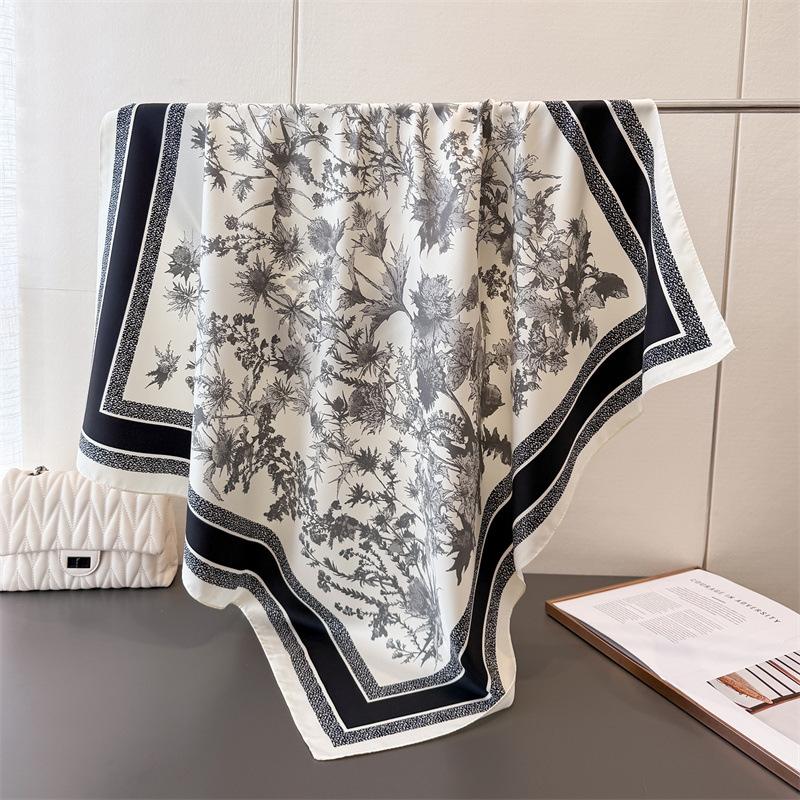 Fashion Imitation Silk Large Square Scarf Retro Flower Printing Professional Versatile Shawl Diagonal Silk Pattern Scarf Headscarf Women