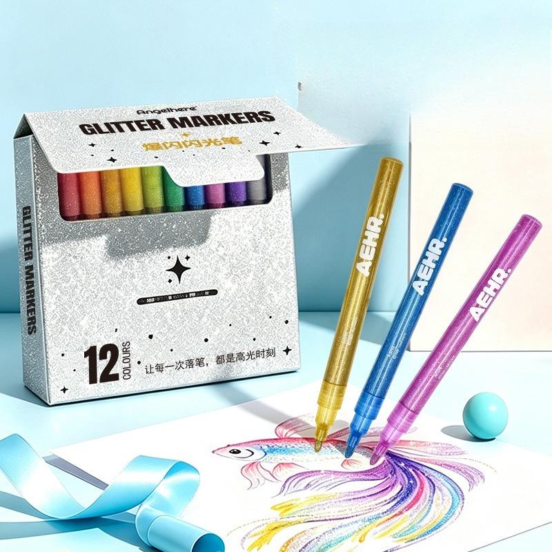 12Pcs/set Glitter Pen Light Pressure Marker Glitter Pen Large Granular Glitter Powder 12 Color Micro Valve Acrylic Glitter Pen