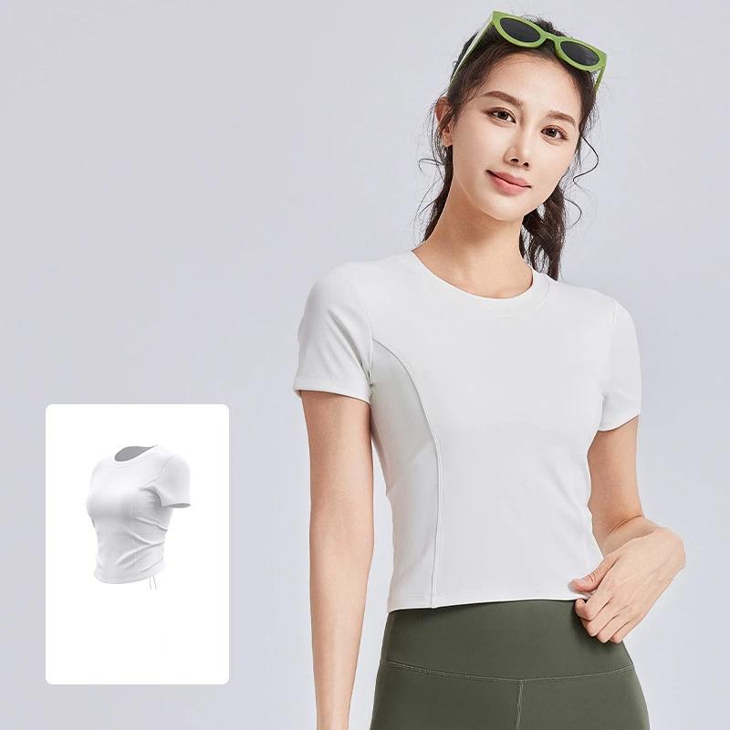 New Style Drawstring Beautiful Back Pleated Yoga Wear Short Sleeved Female All-in-one Cup Fitness Sports Top with Chest Pad for Women