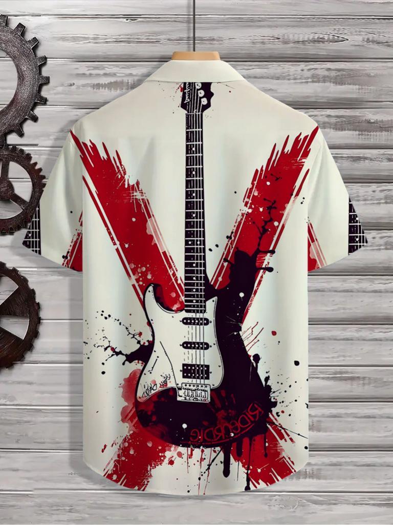 Men's Fashion Hawaiian Tropical Rock Music Element Art Pattern Print Shirt, Men's Casual Short Sleeve Lapel Shirt, This Is a Perfect Gift