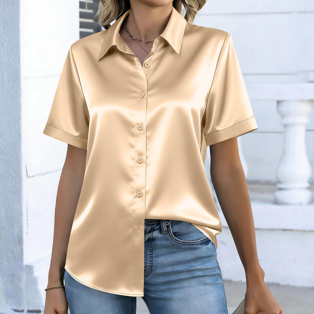 Womens Satin Blouse Short Sleeve Silk Tops Button Down Shirts Business Casual Outfits