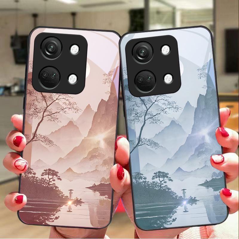 Colorful Scenery For OnePlus Nord 3 5 6T 7 Pro 8 12 10T Reno8 Lite 5G 10R Nord N30 Hard Shell Tempered Glass Phone Case Black