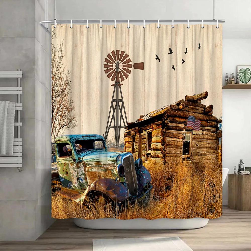 Antique Car Shower Curtain Vintage Classic Old Truck Car On Farm Field Retro Rustic Farmhouse Fabric Bathroom Decor Curtain Hook