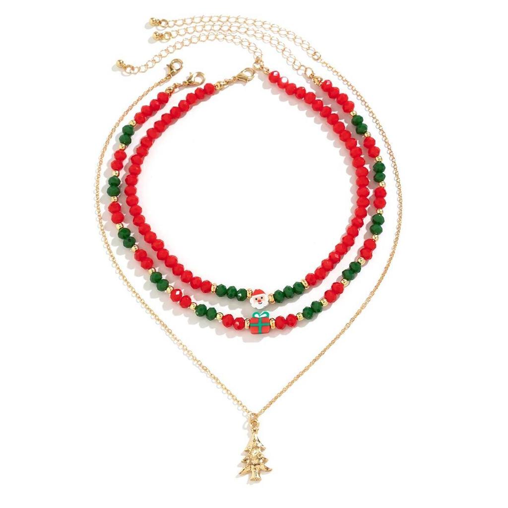 SHIXIN Retro Red Green Crystal Bead Chain Choker Necklace for Women Cute Christmas Tree Snowman Pendant Necklace Jewelry Gifts