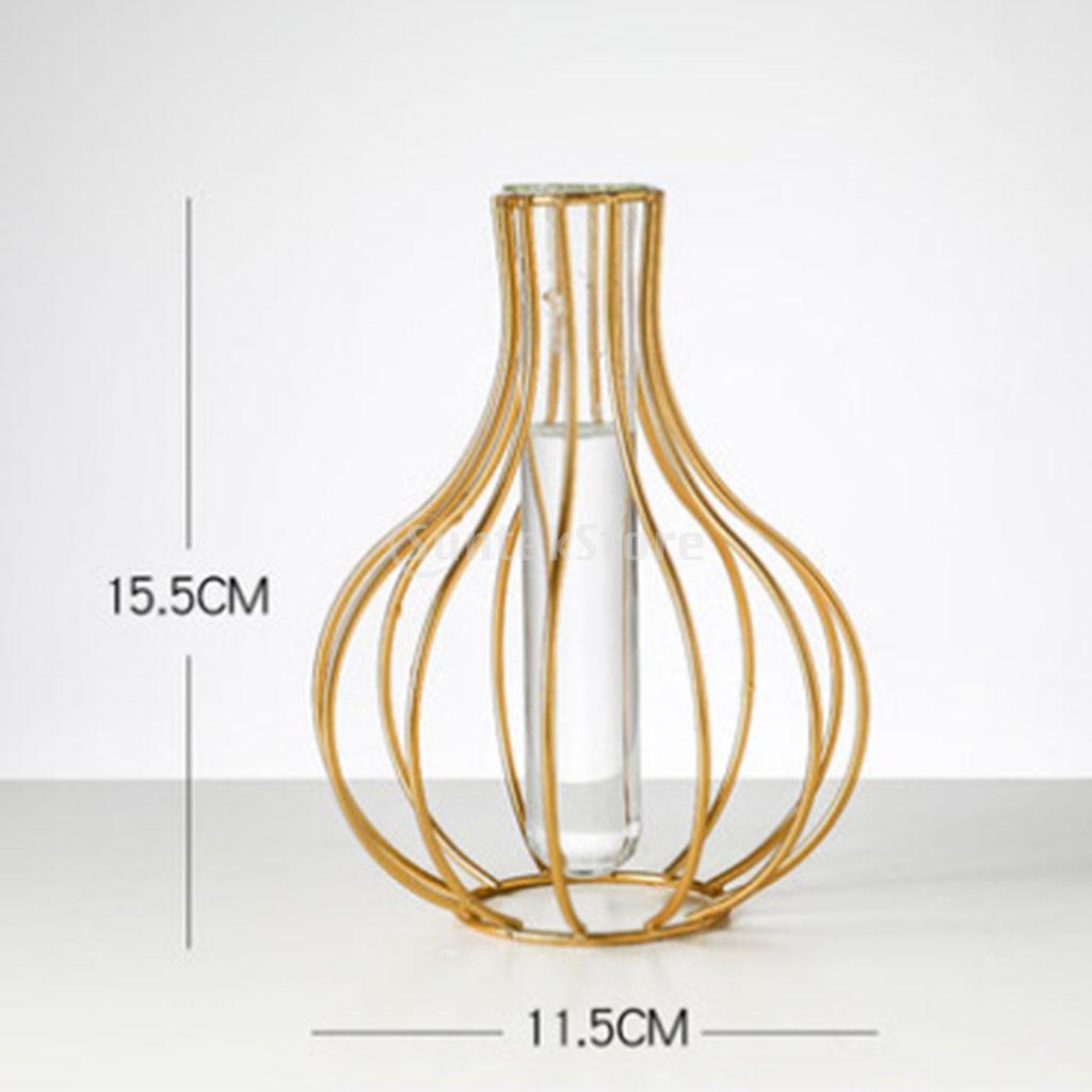 Metal Wire 3D Geometric Hydroponics Vase Holder Watering Planter Flower Pots Test Tube Vase Plants Home Desktop Table Decor