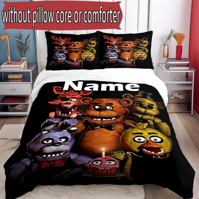 3pcs Duvet Cover Set (1*Duvet Cover + 2*Pillowcase, Without Core), Custom Name Five Nights at Freddy's Pattern Bedding Set, Home Bedroom Decor Gift