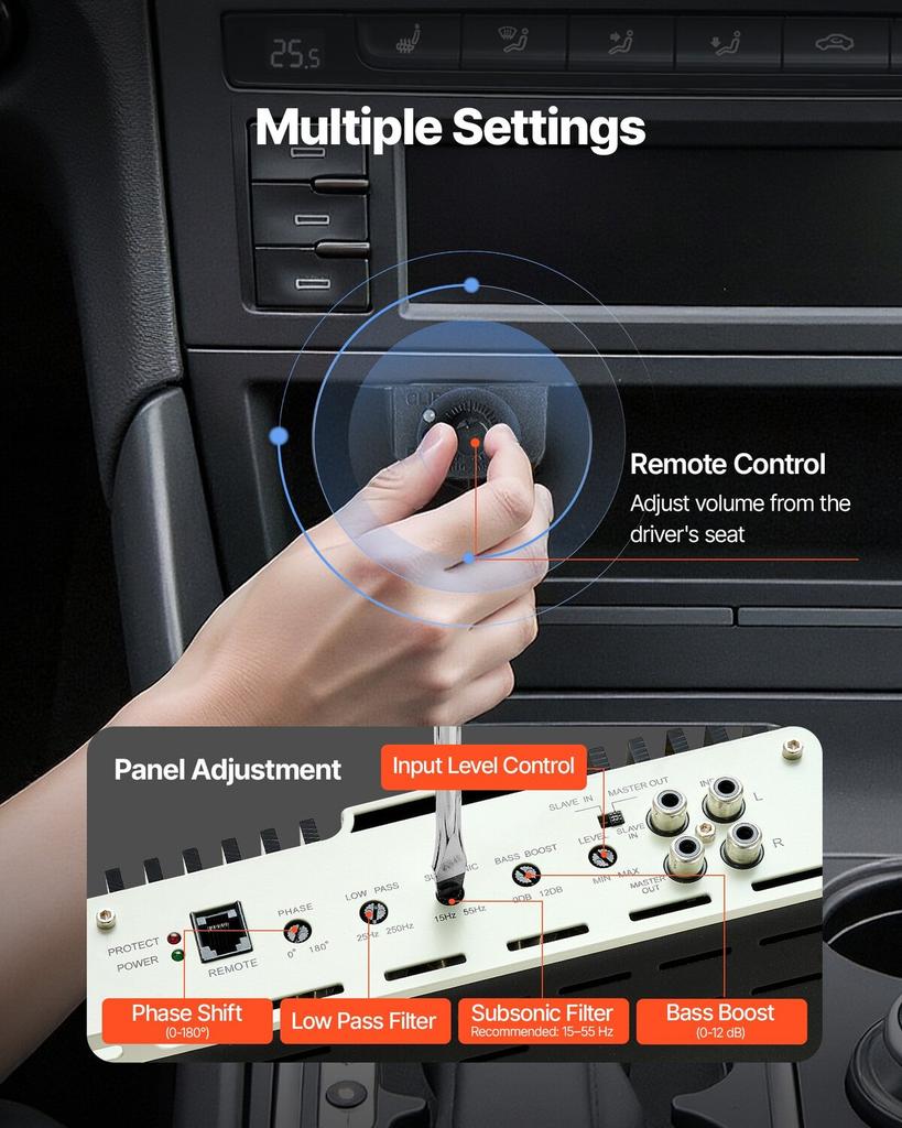 Monoblock Car Amplifier, 400W RMS MAX, 1/2/4 Ohm Stable, 1-Channel Class D Car Audio Amplifier with Remote Subwoofer Level Control, Low Pass Filter,