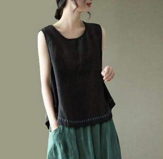 Хлопково-льняная футболка без рукавов с вышивкой большого размера - Женский повседневный летний топ L