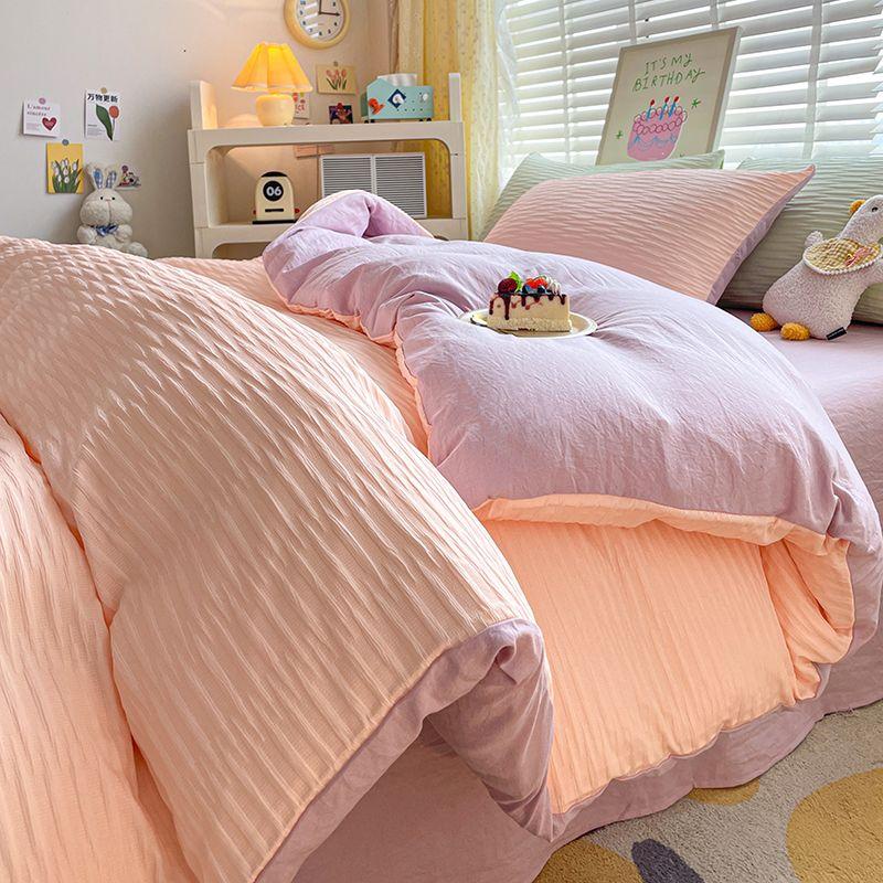 Seersucker Bedding Sets Solid Color Washed Cotton Microfiber Duvet Cover Flat Sheet Pillowcases Soft Bed Linen For Girls