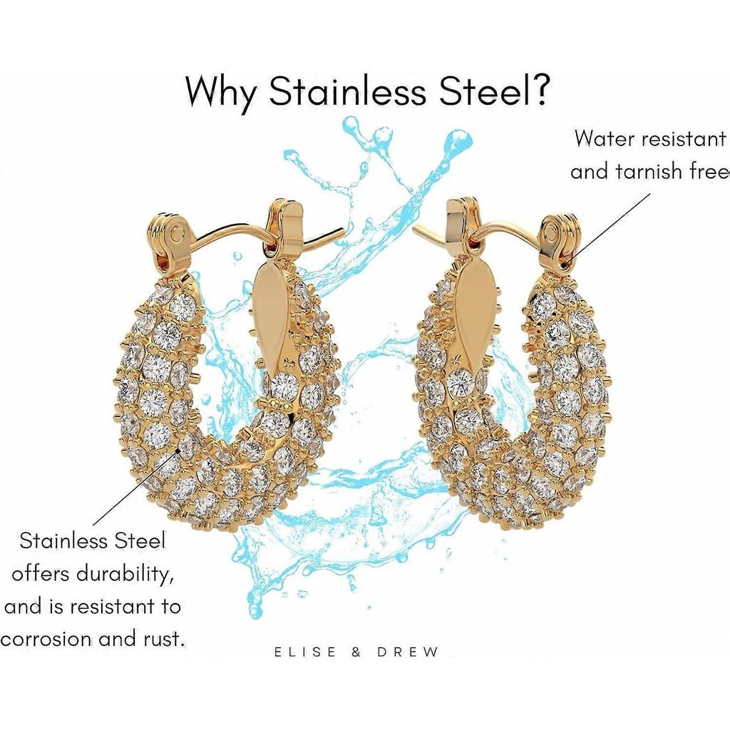 18k Gold Plated Hoop Earrings, Small Hoop Earrings for Women, Stainless Steel, Cubic Zirconia, Gold Earrings for Women, Chunky Earrings, Waterproof, T