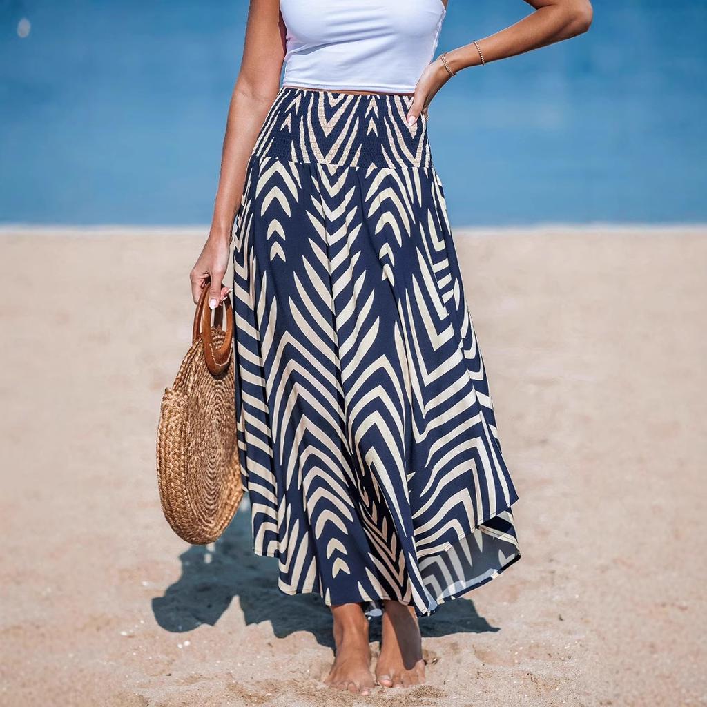 2025Women's Leaf Print Long Skirt Comfortable Casual Resort Style Skirt