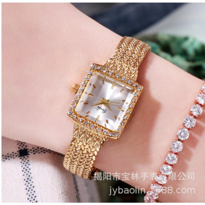 Новые женские часы, маленькие квадратные кварцевые часы, маленькие темпераментные часы с сетчатой цепочкой и стразами, маленькие золотые часы, водонепроницаемые часы для женщин