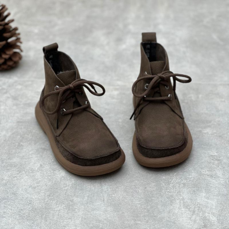 Johnature Retro El Yapımı Kadın Kısa Çizmeler Hakiki Deri Ayakkabı Yuvarlak Ayak Düz Renk Bağcıklı Çizmeler