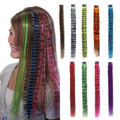 Women Clip-in Raccoon Tail Hair Extension Heat Resistant Natural Looking Long Straight Synthetic Stripe Printed Hairpiece Wig