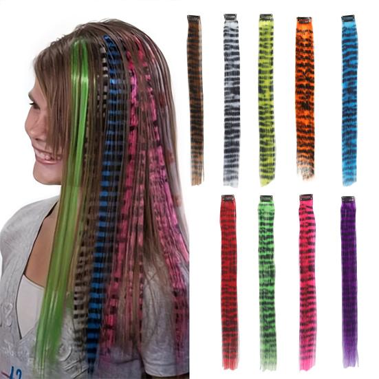 Women Clip-in Raccoon Tail Hair Extension Heat Resistant Natural Looking Long Straight Synthetic Stripe Printed Hairpiece Wig