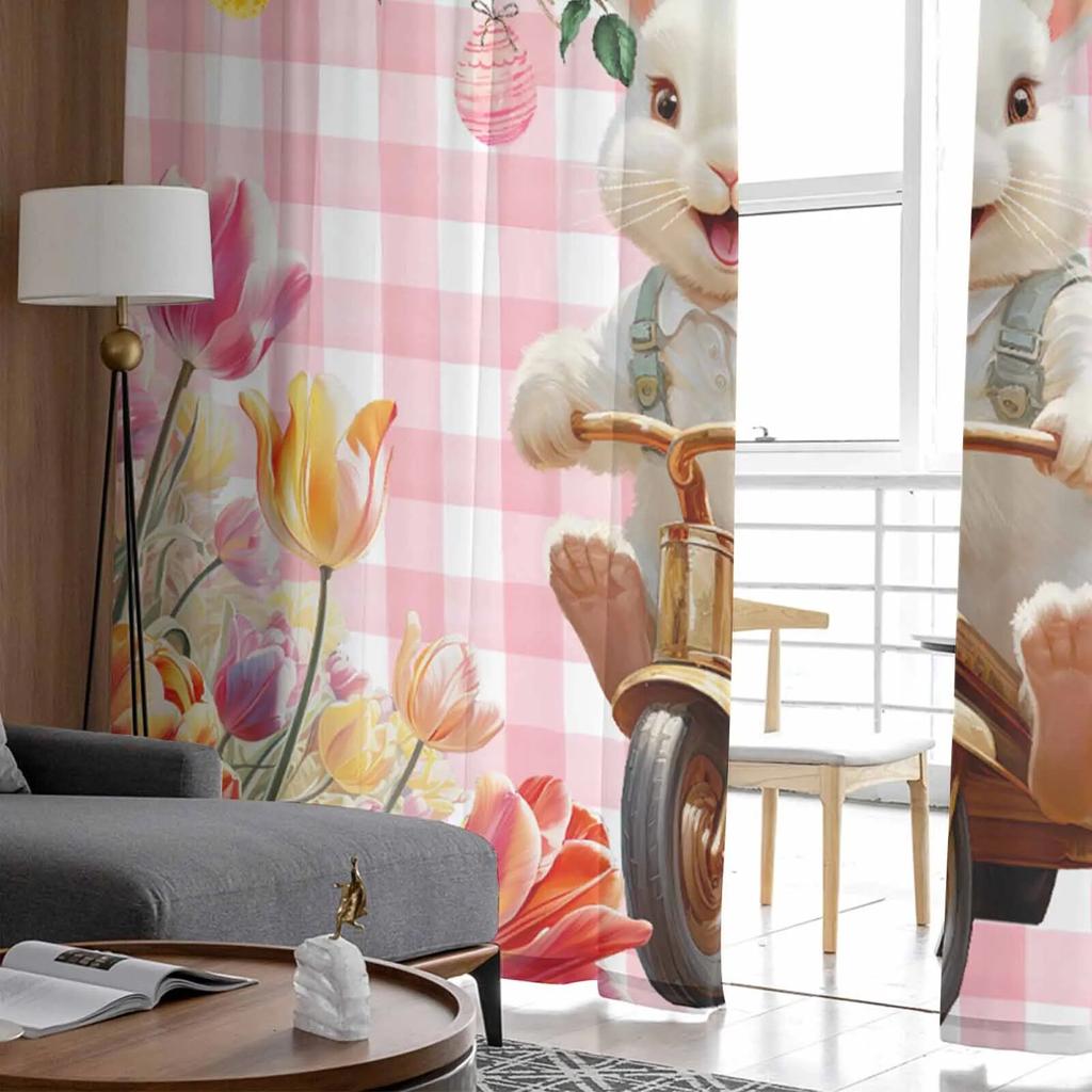 Easter Bunny Tulip Branch Eggs Plaid Tulle Curtains For Living Room Sheer Curtain For Bedroom Kitchen Blinds Voile Curtains