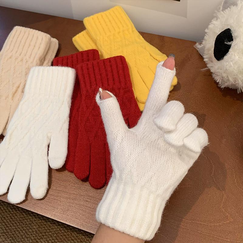 Japanische Retro-Strickhandschuhe aus Wolle für Damen im Winter mit Fingerspitzen und Touchscreen-Funktion, ideal für Fahrradfahrerinnen, zum Schutz vor Wind und Kälte