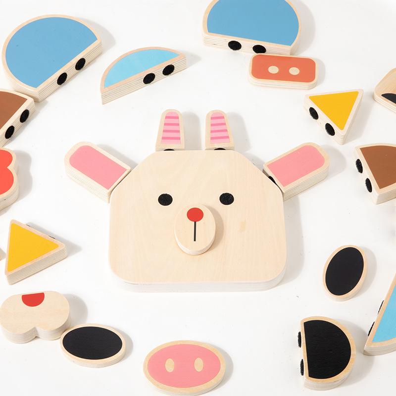 Kreative Kinder Holz Tier Klettverschluss Gesicht-Veränderungs-Puzzle Spielzeug Baby Früherziehung Kognitives Puzzle Baustein-Puzzle