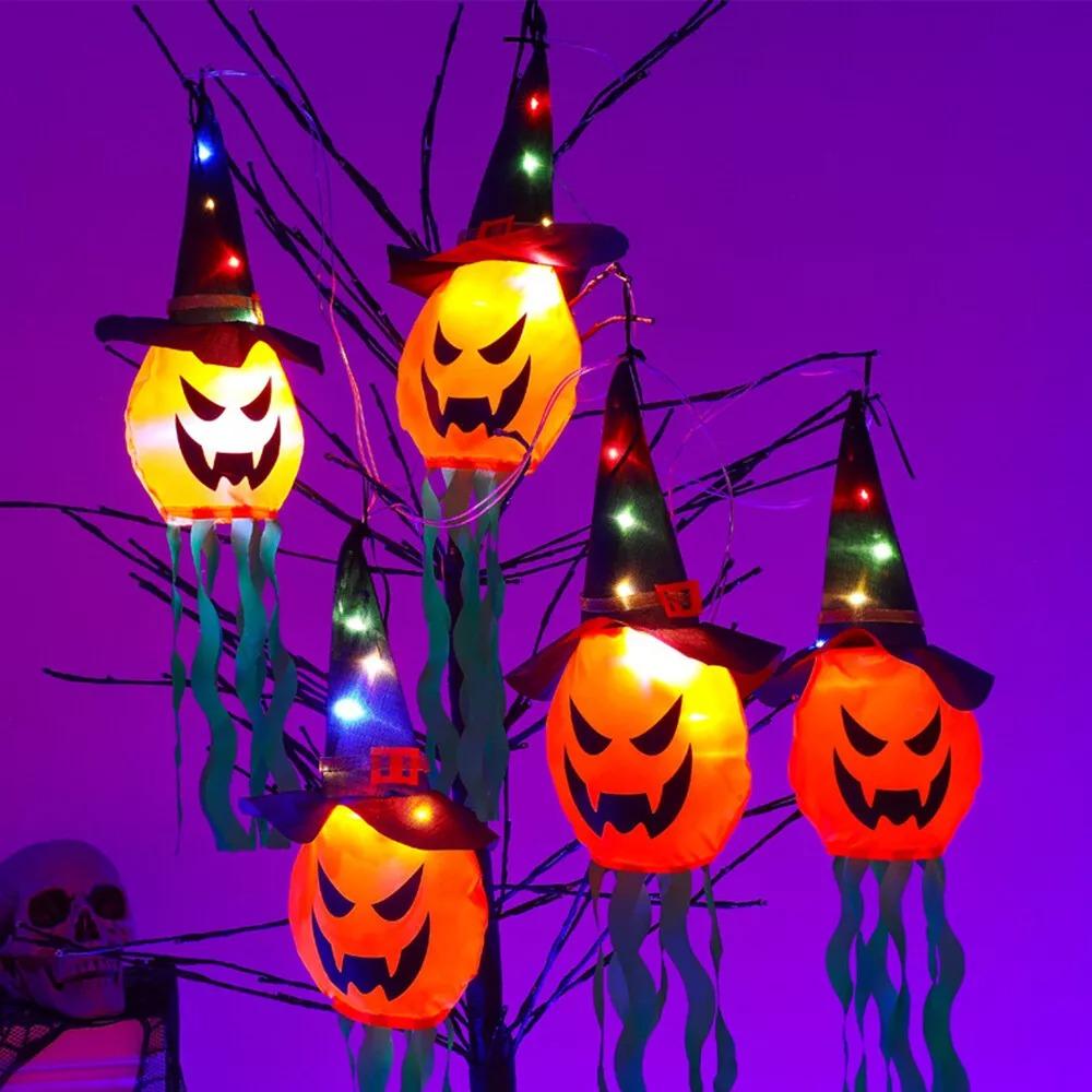 

Halloween Lighted Hanging Pumpkin Witch Hats Scary Lighted Pumpkin Light for Indoor and Outdoor Multicolor-5Pcs