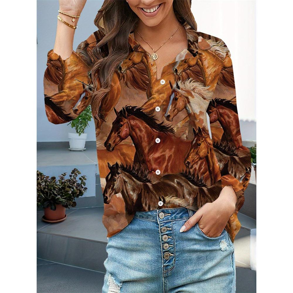 New Women's Shirts Bird Print Long Sleeve Shirt Loose Casual Fashion Shirt Large Size Women's Lapel Temperament Shirt