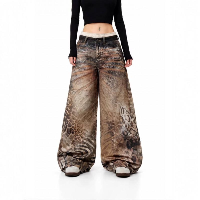 Vintage American 3D Printed Leopard Tiger Patchwork Jeans High Waist Wide Leg Slim Flare Pants