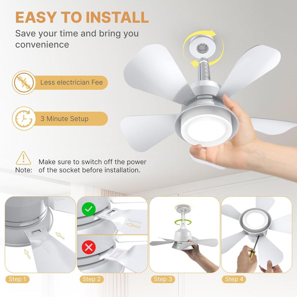 Sockel-Ventilatorleuchte, 5-stufig dimmbarer LED-Sockel-Brise-Deckenventilator, Flache Sockel-Deckenventilatorleuchte mit Fernbedienung, Einfach zu installierende Deckenventilatoren
