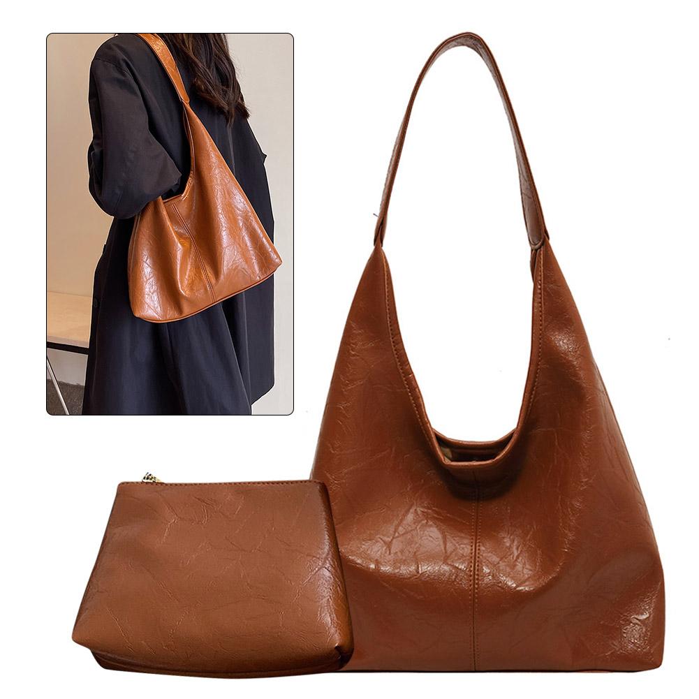 Women Leather Shoulder Bag Versatile Soft Underarm Bag Casual 2pcs Shoulder Bag and Handbag Set Satchel Hobo Bag Shopping Bag