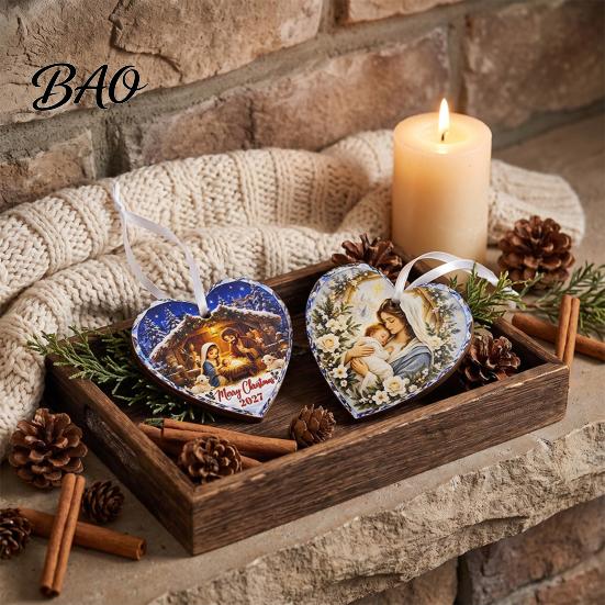Heart Shaped Nativity Pendants Wooden Hanging Ornament for Christmas Tree Decorations, Retro Religious Ornaments Scene Garland Decoration Holiday Home