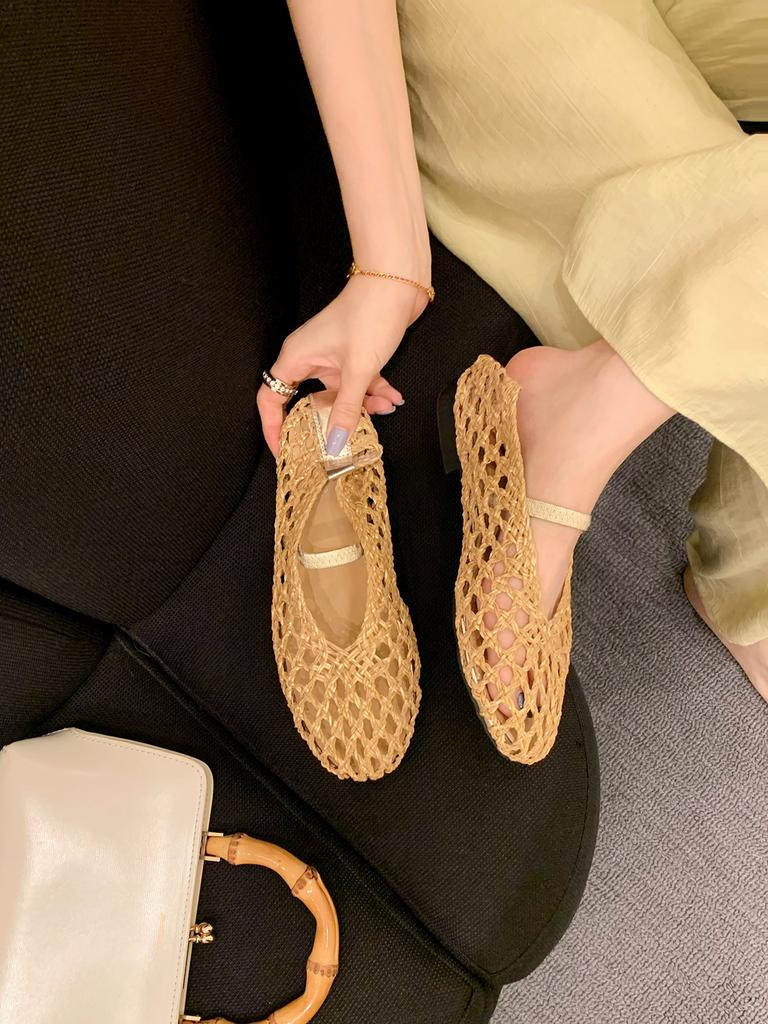 Grape mother with the same round head woven hollow breathable elastic versatile one-word belt Mary Jane shoes shallow mouth flat-soled single shoes
