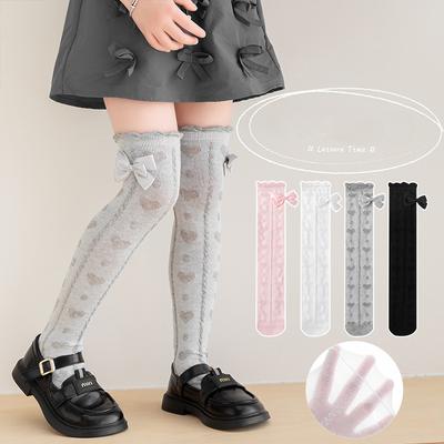 1 Pair Spring Summer Thin Knee High Sock for Kids Girl Fashion Heart Bow Children's Sock Soft Cotton Breathable School Sock