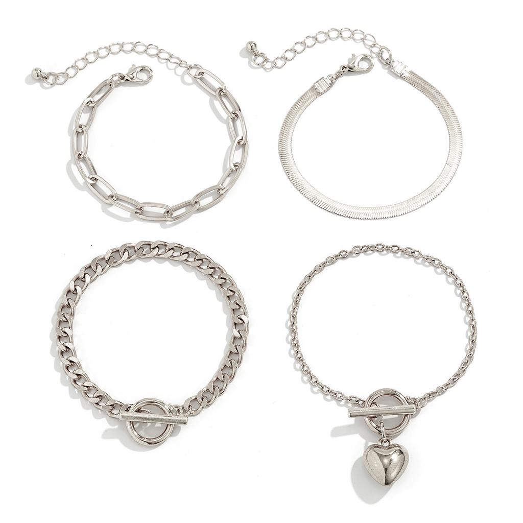 Hip Hop Sweet Cool Metal Wind Love Pendant Bracelet, Punk Snake Bone Chain Bracelet Set