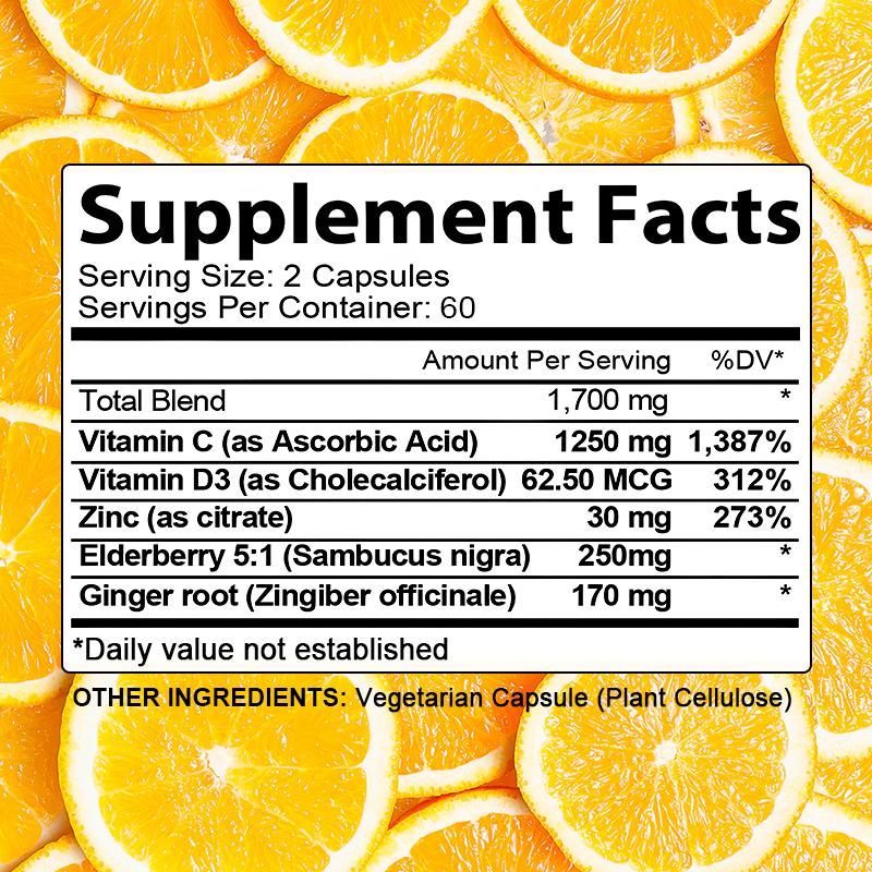 Vitamin C D3 Dietary Supplement, With Zinc, Ginger Root, 120 Capsules Per Bottle