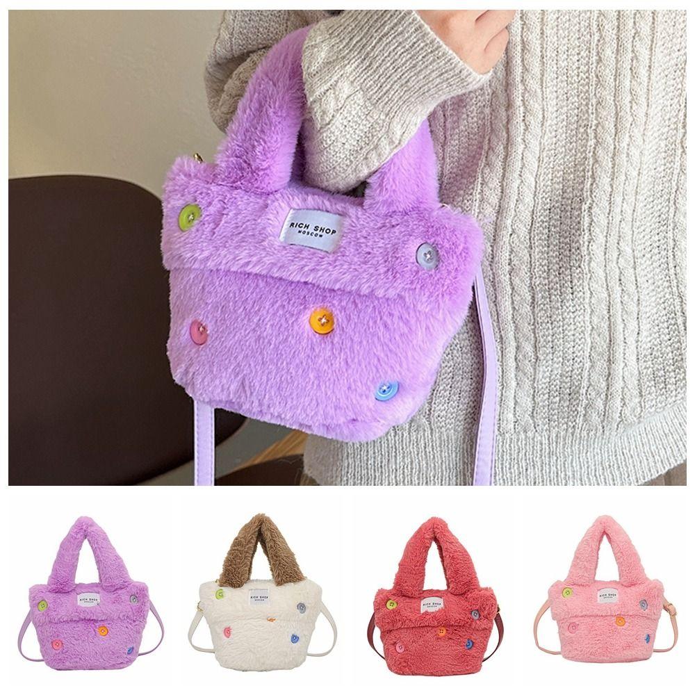 

Korean Style Button Plush Tote Bag Fluffy Plush Crossbody Bag Kawaii Plush Handbag Girl