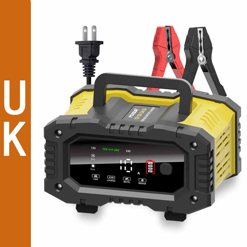 FOXSUR Bil Motorsykkel Batterilader 20A 10A 12V/24V Smartlader Litium AGM GEL Blysyre LiFePO4 Batteriladere