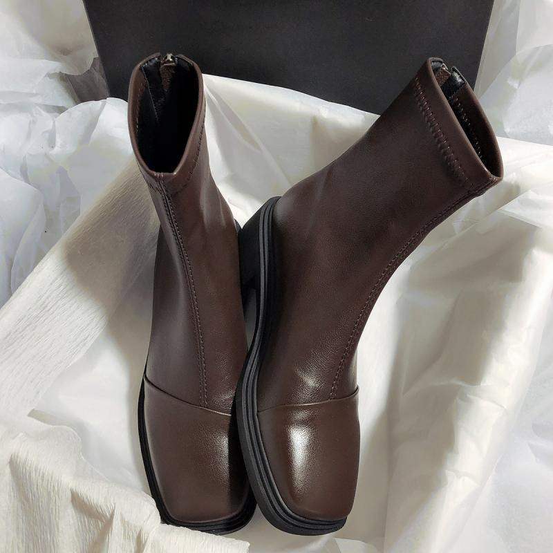 2025 autumn and winter new flat-bottomed square-headed thick-heeled elastic boots simple and versatile fashion French thin short boots women