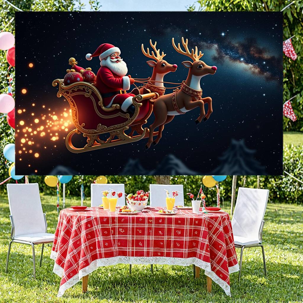Christmas BackdropSanta Claus Holiday Banner Decorative Red Reindeer Sleigh for Christmas Party Winter Decoration Family