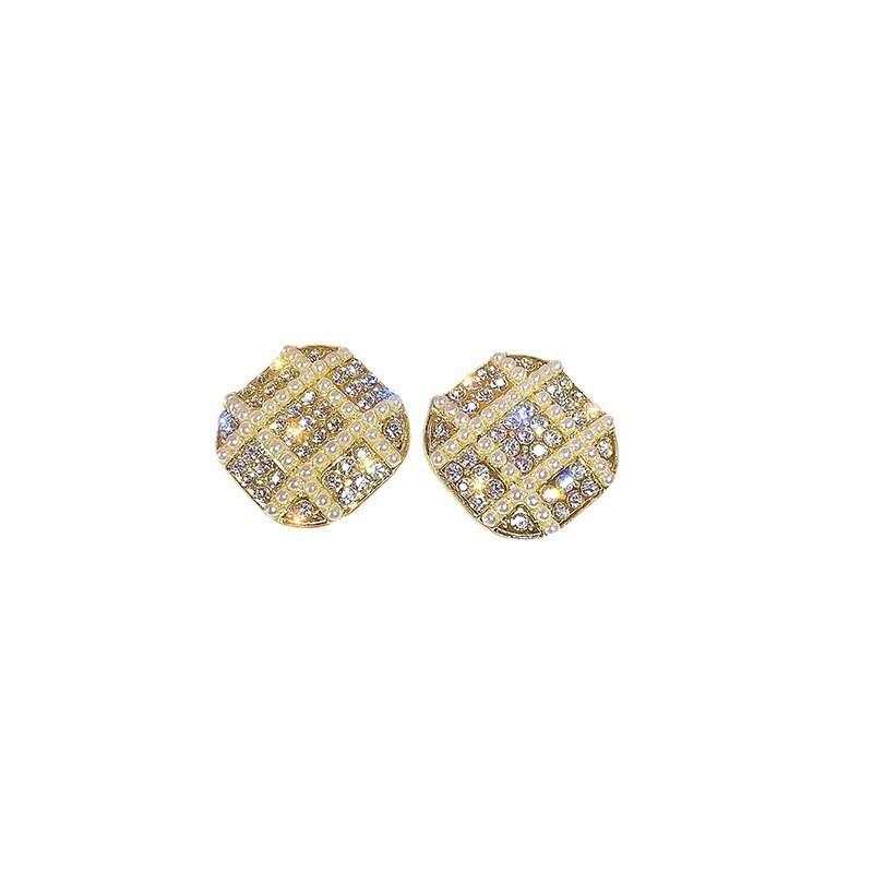 Trendy Square Grid Stud Earrings for Women Mini Imitation Pearl Beads Patchwork Rhinestones Geometry Earrings Party Jewelry Gift