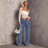 Jeans Rectos de Tiro Medio para Mujer con Pedrería, Alta Elasticidad, Corte Holgado, Denim Lavado Brillante, Pantalones Largos