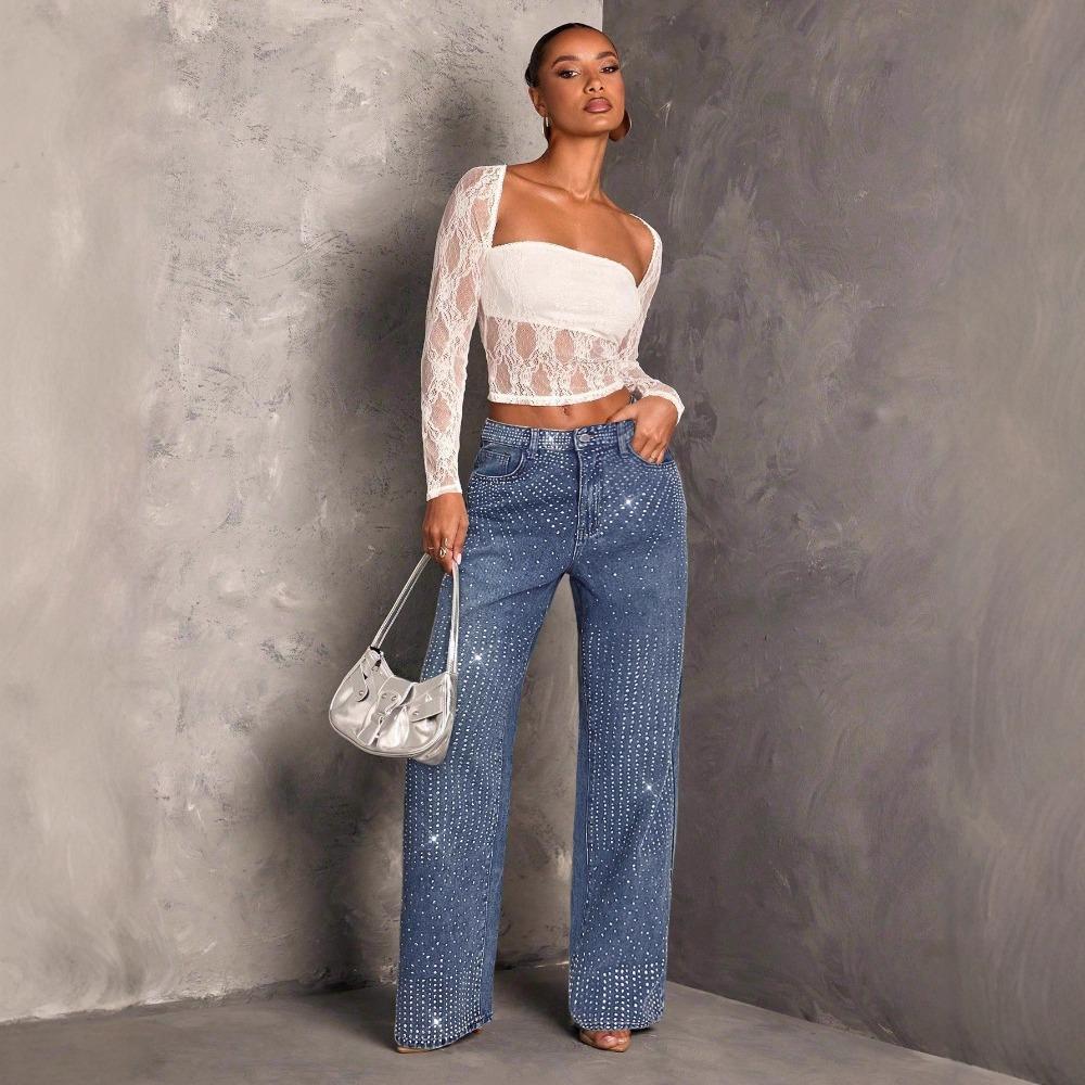 Jeans Rectos de Tiro Medio para Mujer con Pedrería, Alta Elasticidad, Corte Holgado, Denim Lavado Brillante, Pantalones Largos