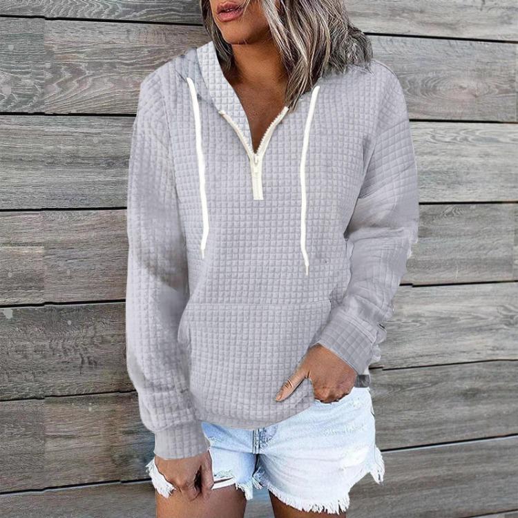 Loose Patchwork Plaid Knitted Sweatshirt Womens Casual Zip Hooded Pullover Long Sleeve Top Fashion S
