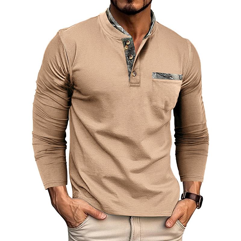 European and American Style Men’s Autumn and Winter Shirt Long-sleeve Henley Shirt Buttoned Double-collar Top
